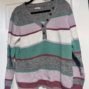 Maurices V-Neck Sweater with Stripes in Gray, Pink, and Green
